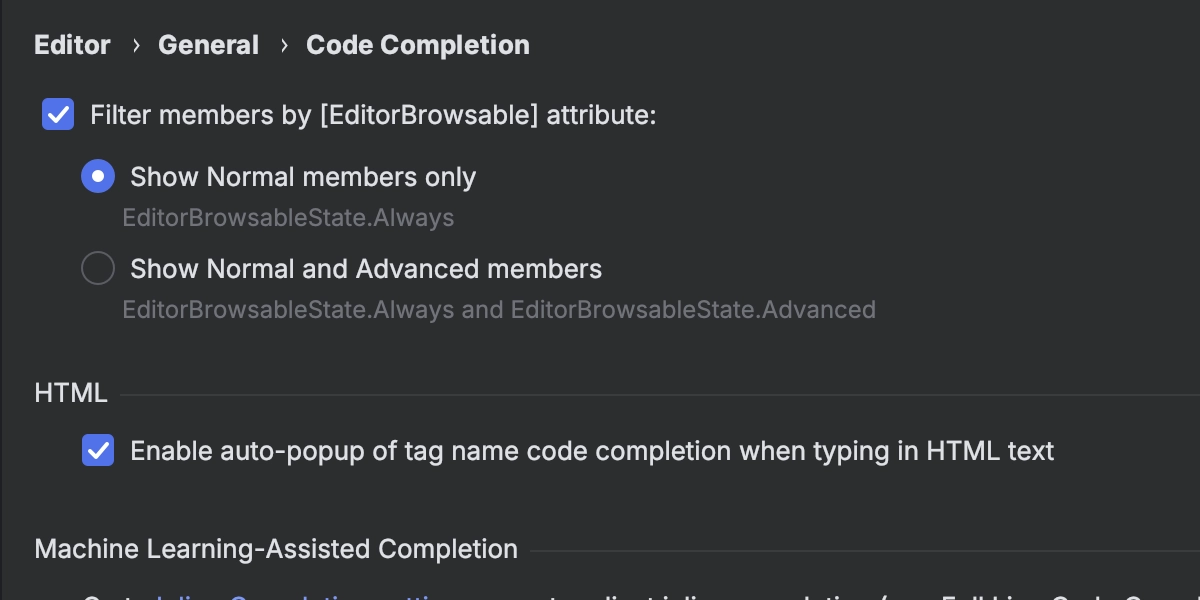 Code completion settings for the [EditorBrowsable] attribute