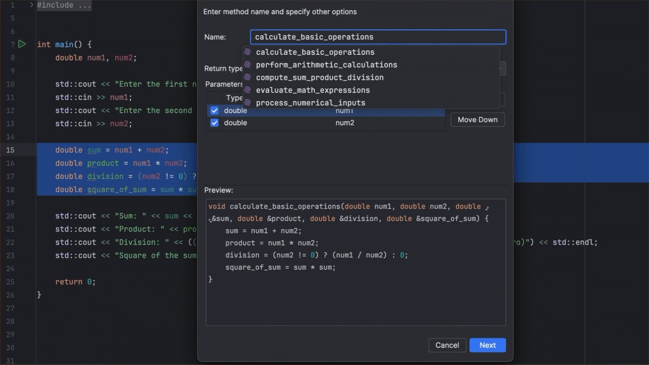 A GIF showing an example of extracting a code block into a separate function