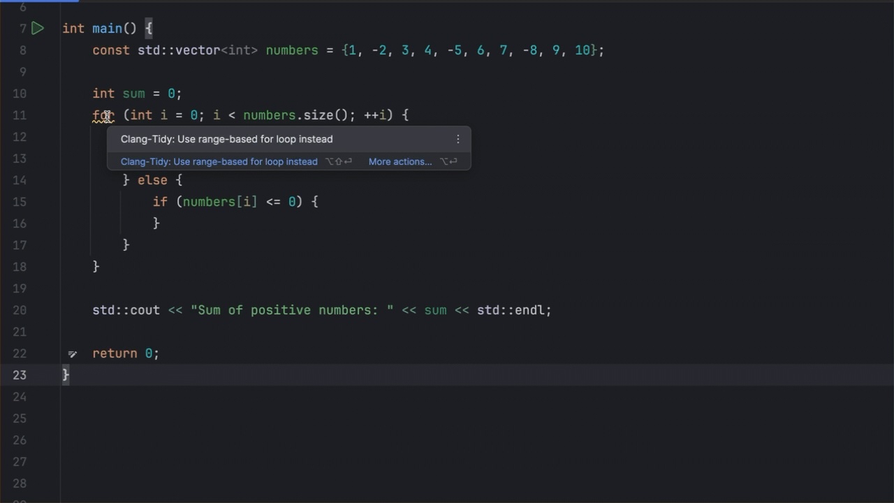 A GIF showing an example of changing an index-based loop to a more readable range-based loop