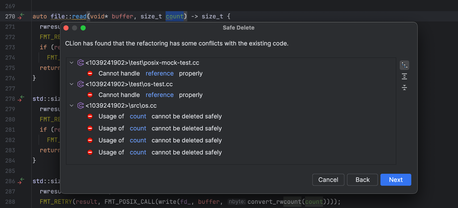 An example of using the Safe Delete feature in CLion