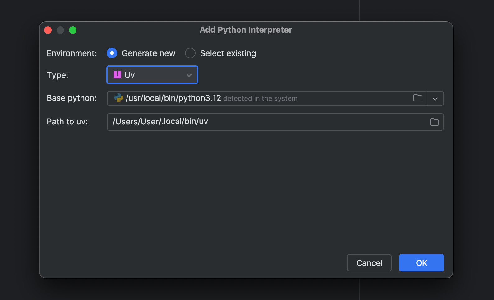 uv package management in PyCharm