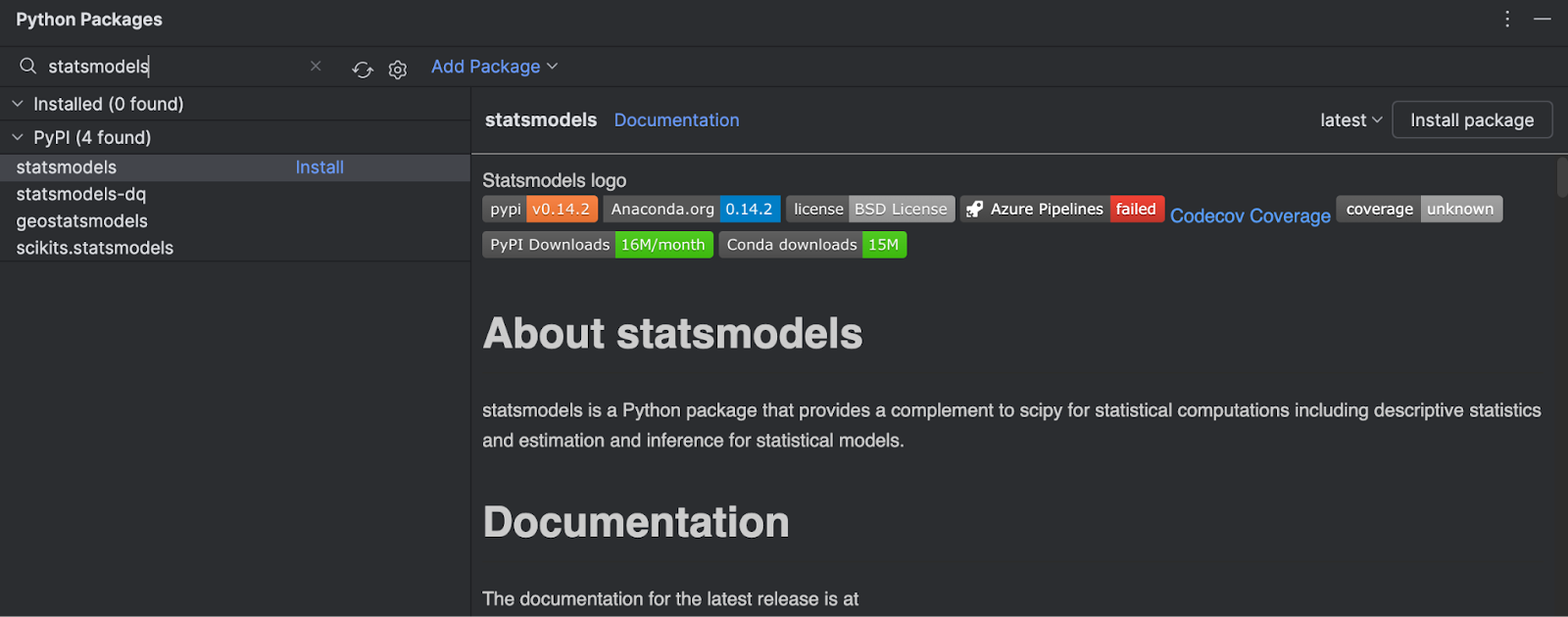 Statsmodels in PyCharm