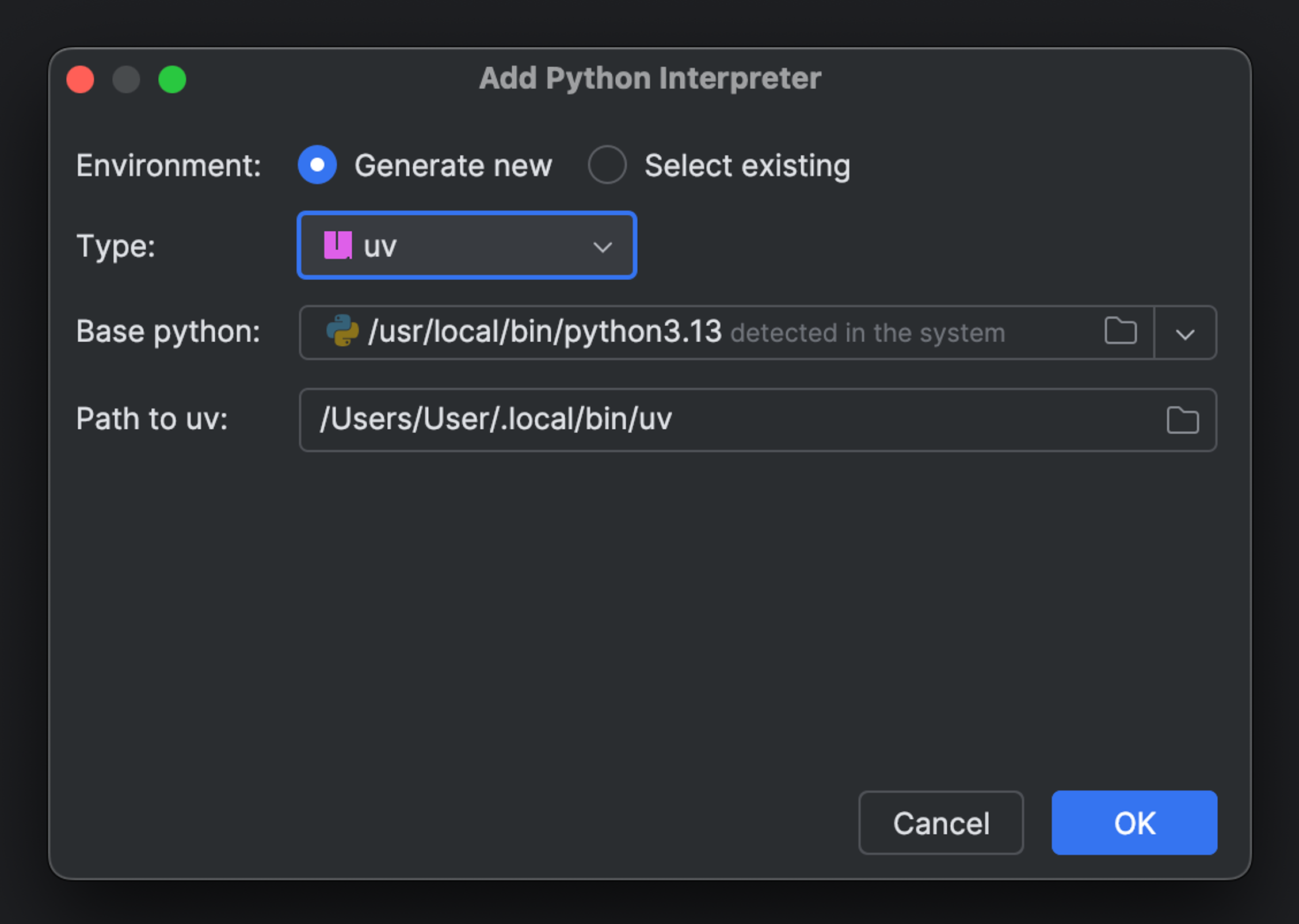 uv package management in PyCharm