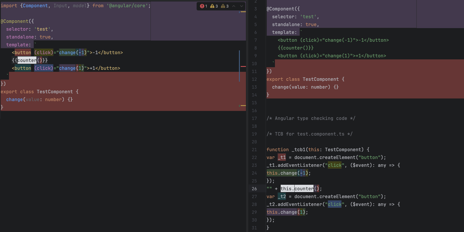 Screenshot of WebStorm, showing a regular Angular Component with some unknown property error on the left side, whereas the right side shows the translated typescript code.