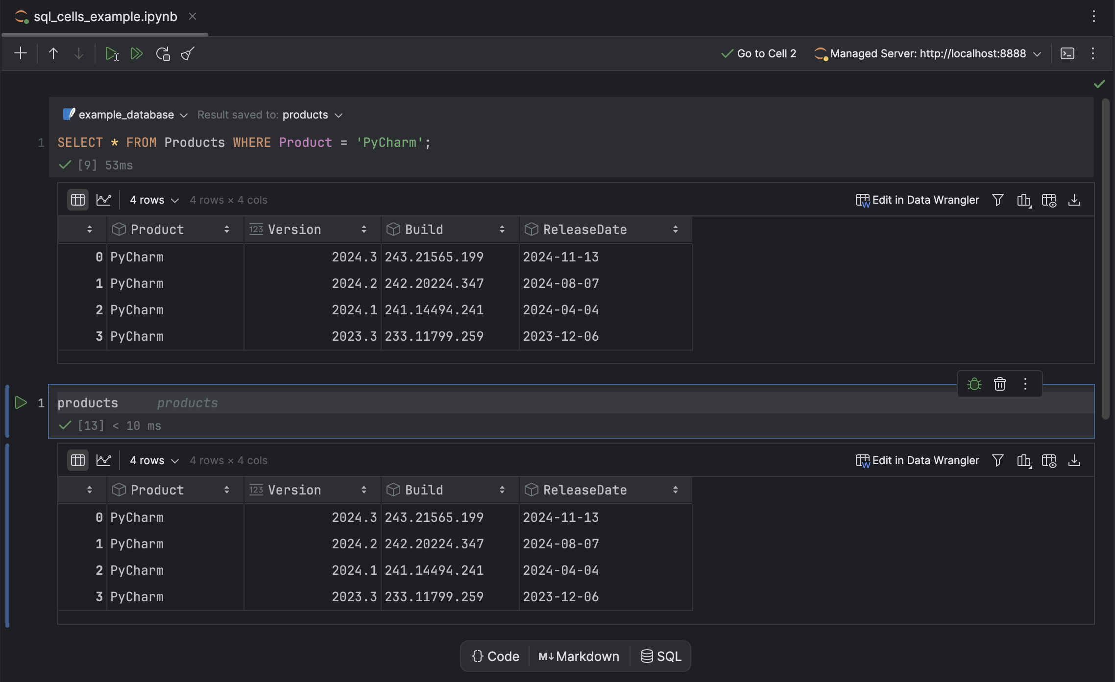 SQL cells in PyCharm