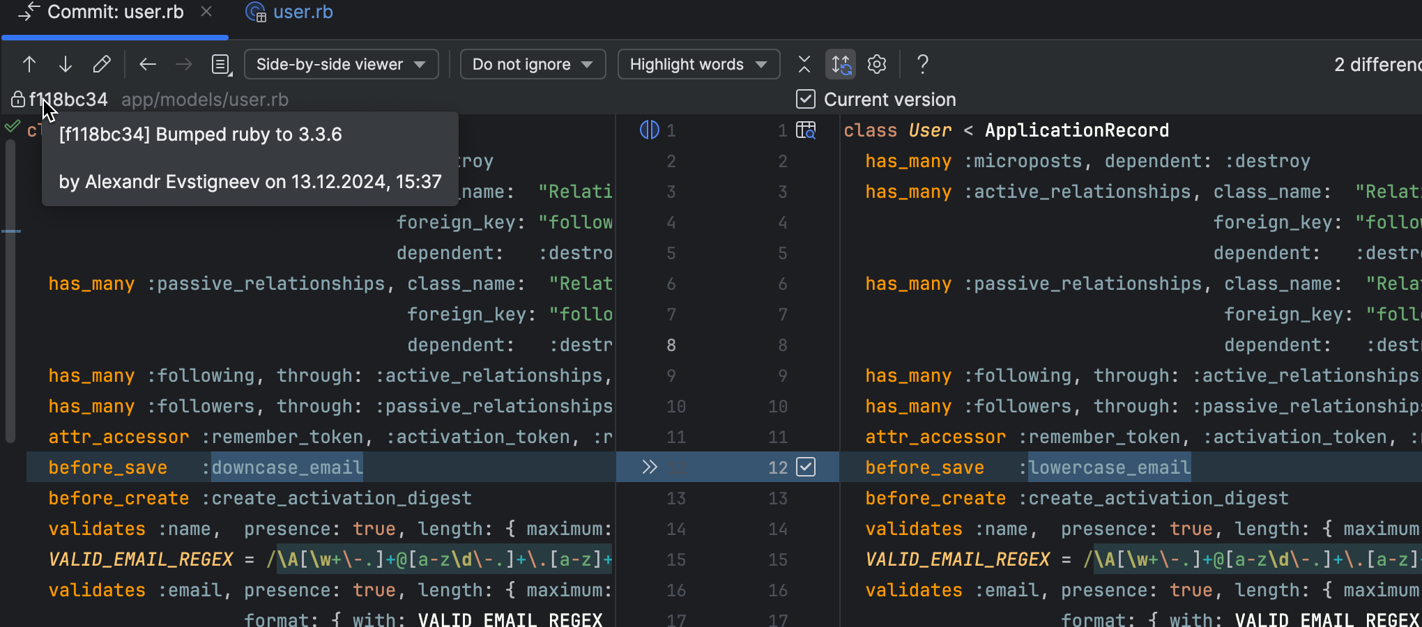 Viewing file details in new diff view