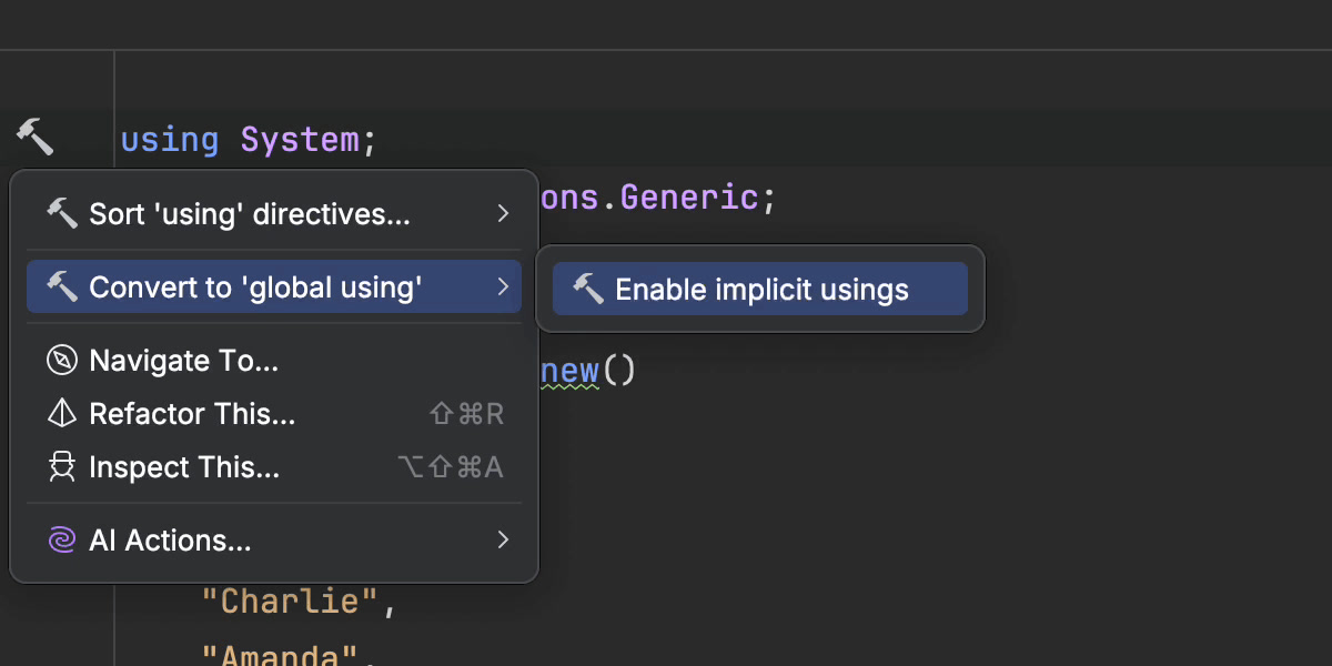 Toggle Implicit Usings Context Action