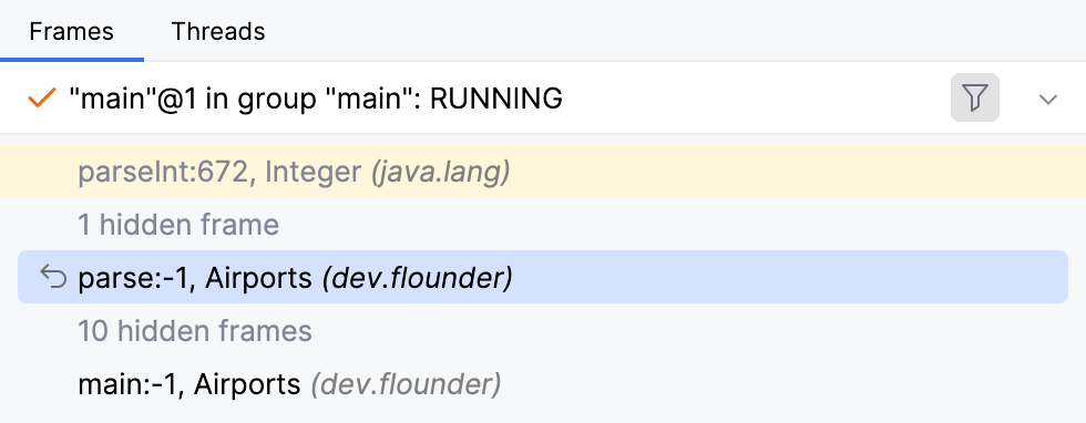 IntelliJ IDEA's Frames tab showing -1 instead of line numbers