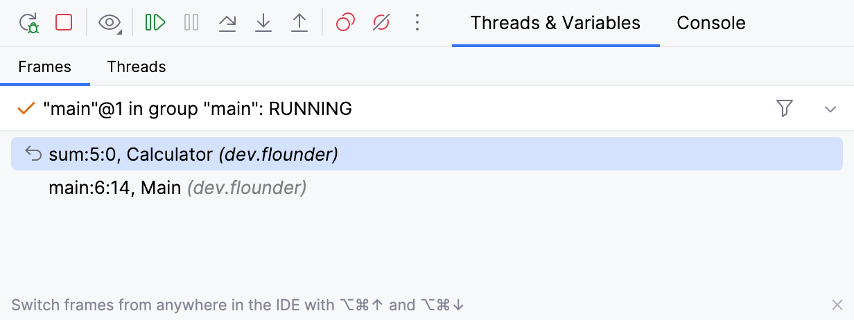 IntelliJ IDEA shows bytecode offset next to line numbers in the Frames tab