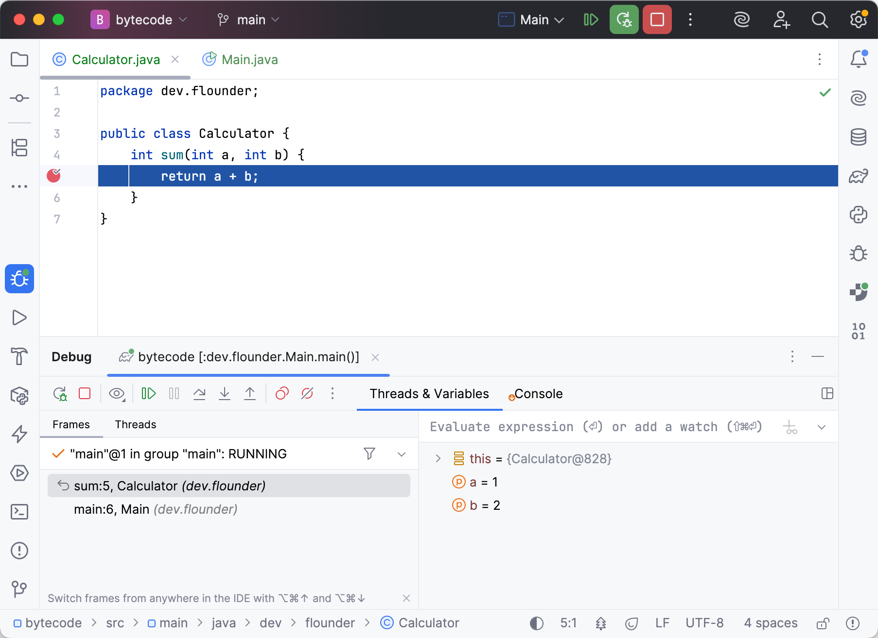 IntelliJ IDEA shows the executed line and variable values during a debugging session
