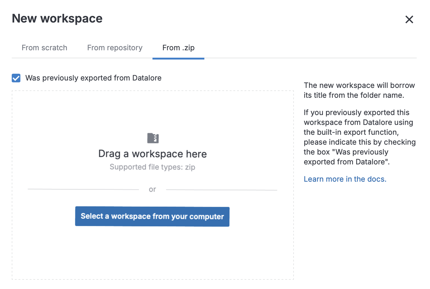 Workspace import dialog with the "Import from .zip" tab selected