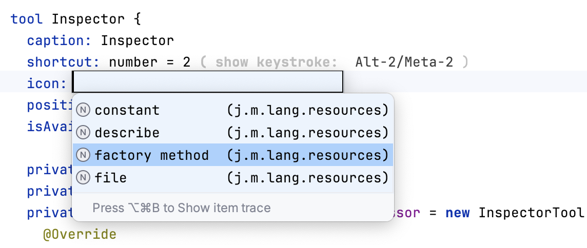 The definition of an icon with a factory method
