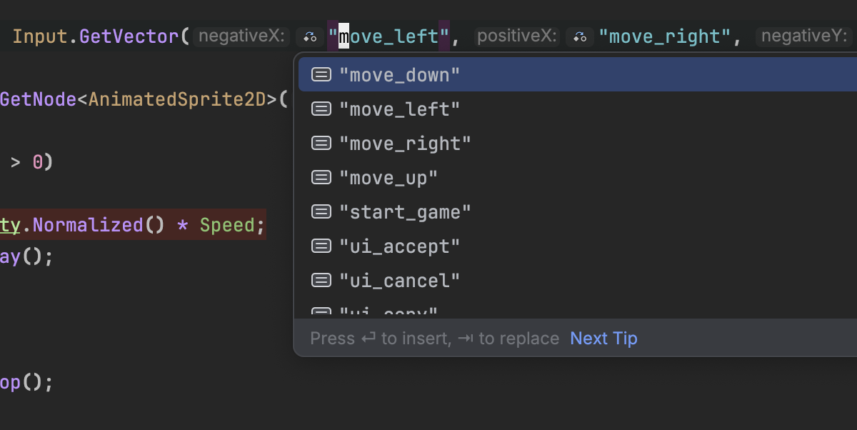 A screenshot of Rider showing code completion of input actions