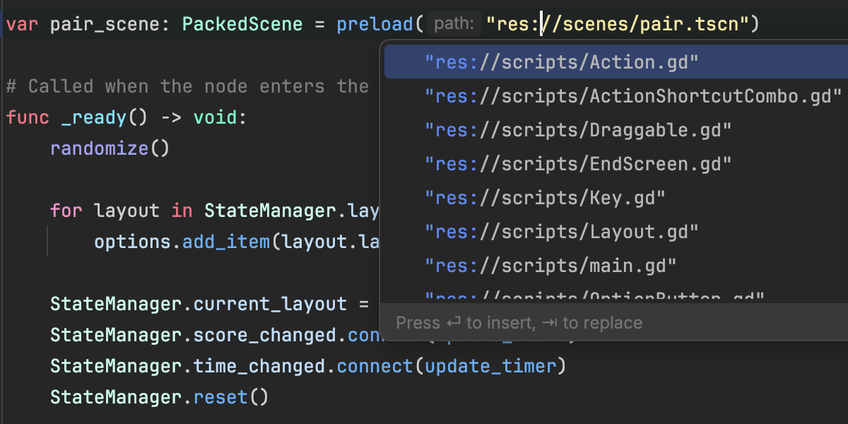 A screenshot of Rider showing code completion of resource paths in a GDScript file