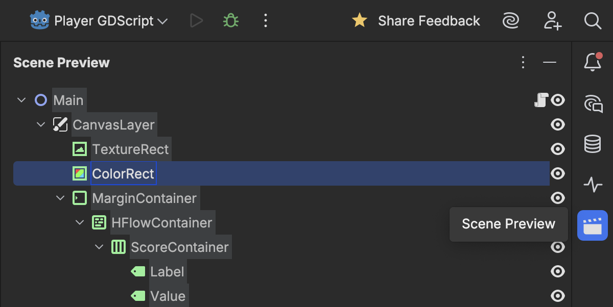 A screenshot of Rider showing the Scene Preview tool window. The window contains a tree view of the nodes in a Godot project