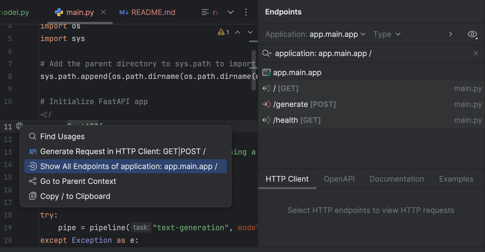 Show all endpoints in PyCharm