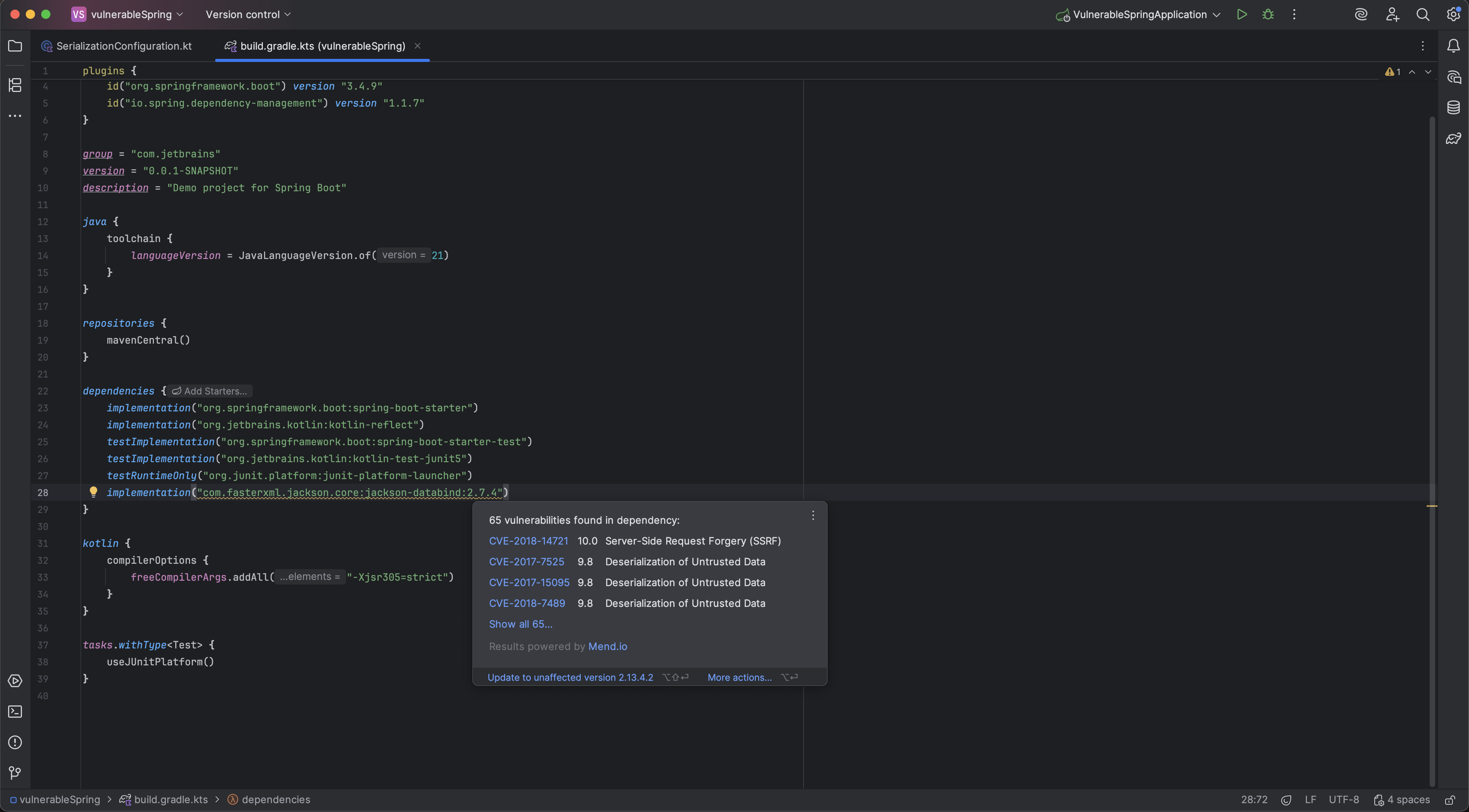 Vulnerable dependency highlighting