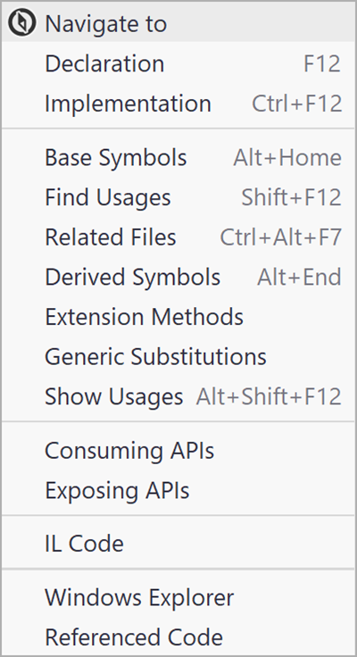The context menu with navigational options listed. Use Alt+` to access.