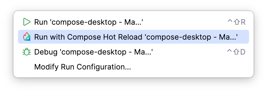 Dialog with multiple "run" options, with "Run with Compose Hot Reload" highlighted