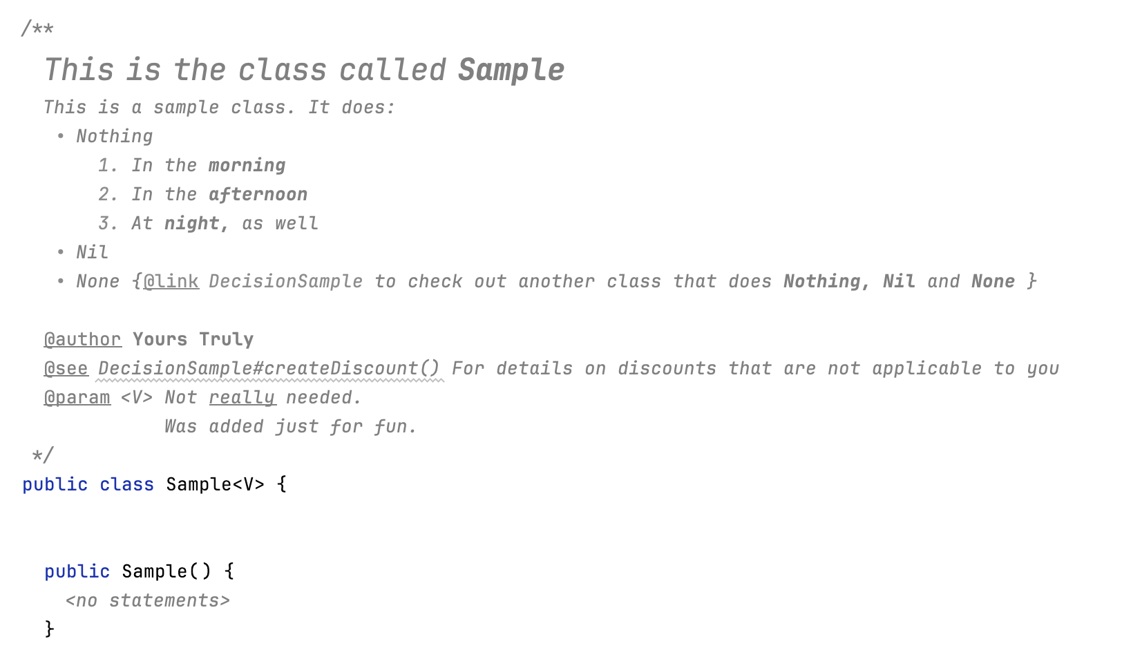 Example of a formatted javadoc comment
