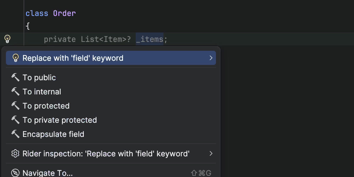 Quick-fix to replace backing field with field keyword