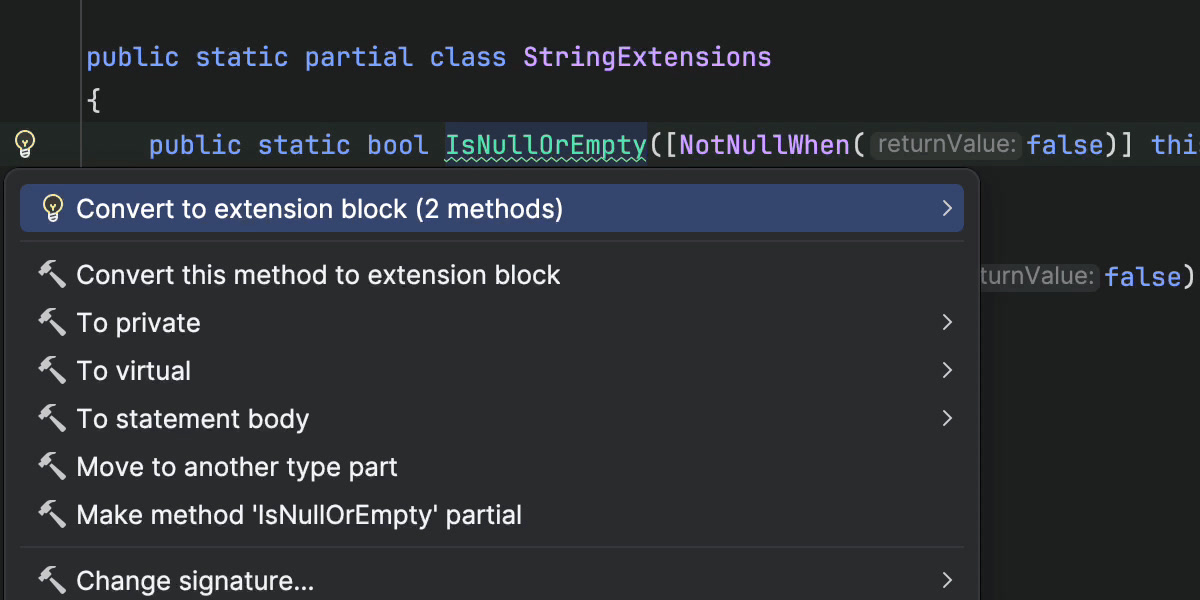 Refactor to extension block and back to classic extension methods