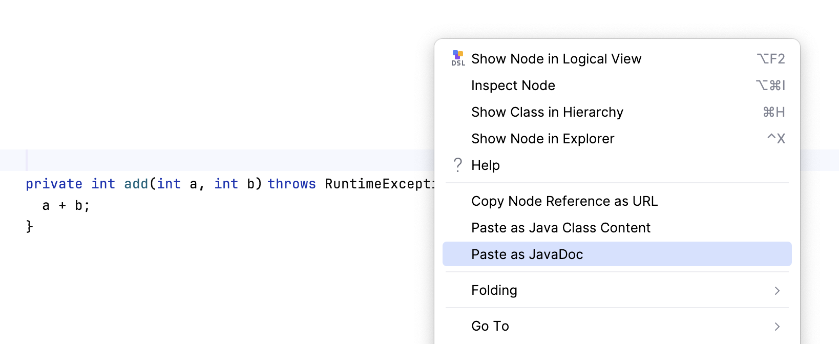 PasteAsJavaDoc action in action