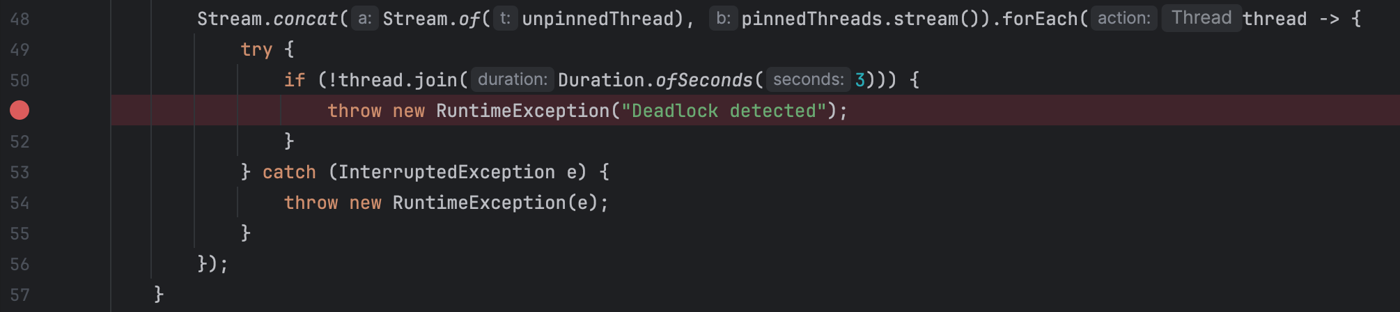 Setting breakpoint at the 'Deadlock detected' line