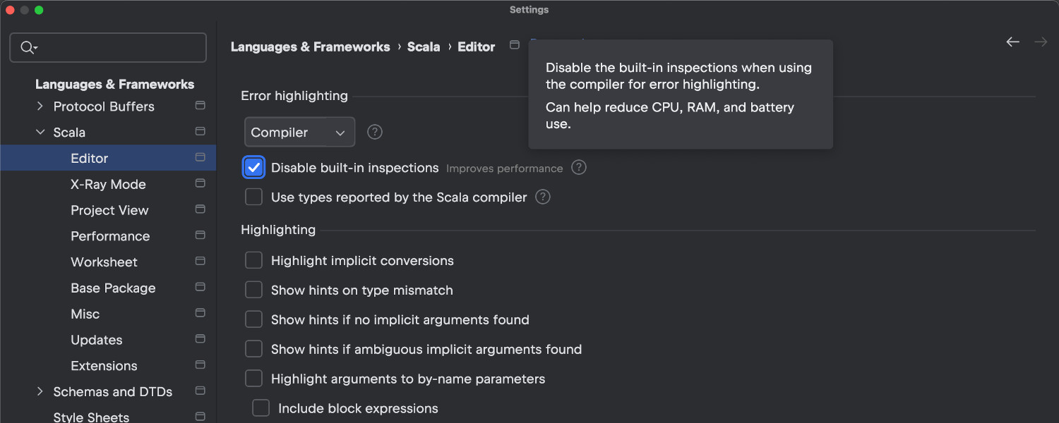 "Disable built-in inspections" can improve performance