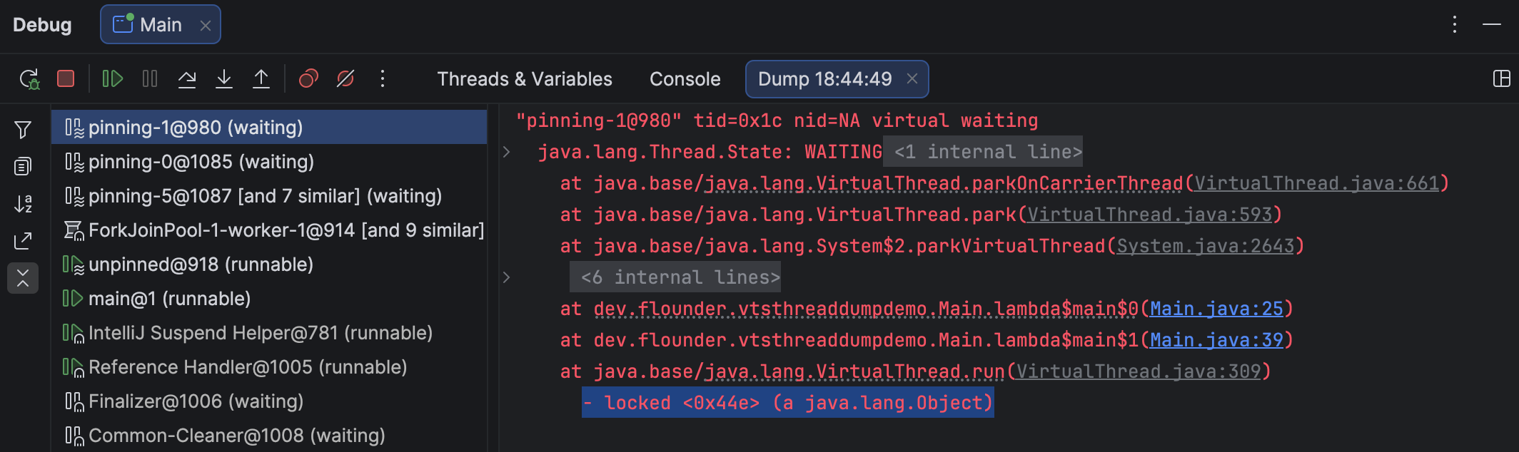 IntelliJ IDEA shows the information on the acquired locks for a virtual thread