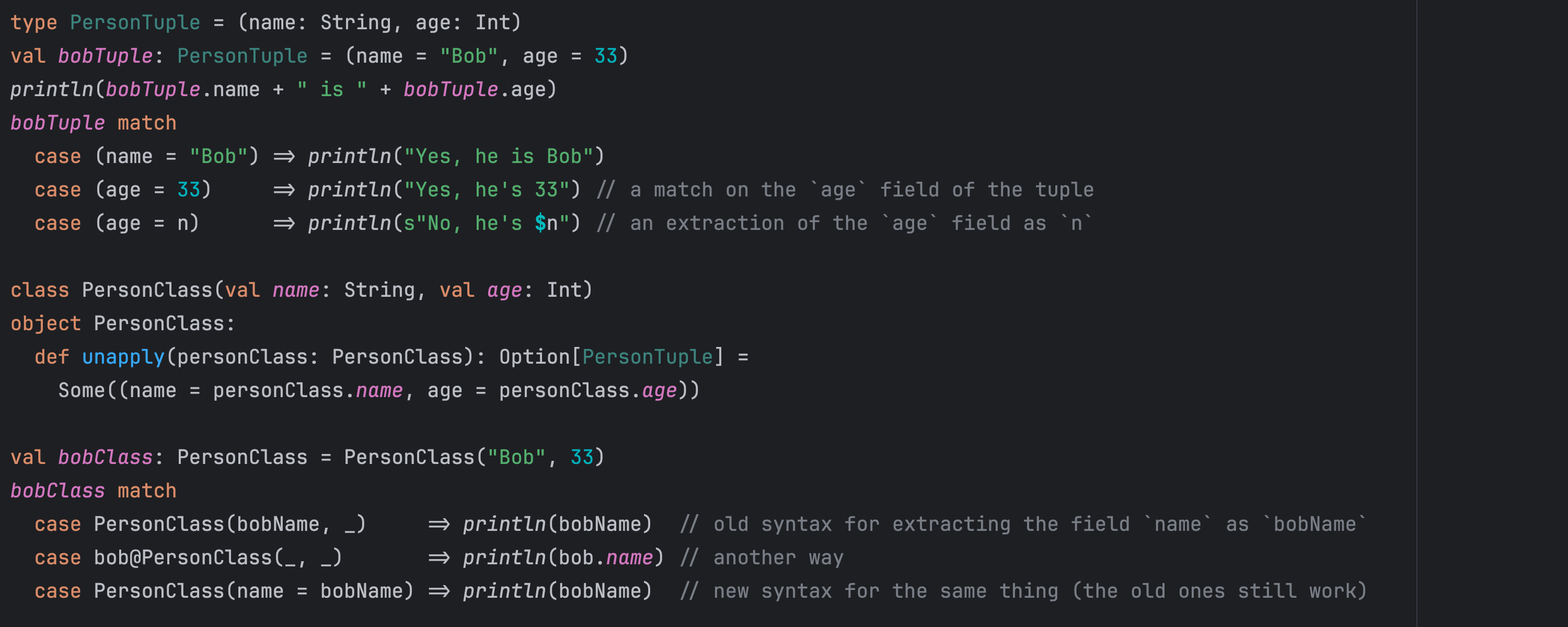 Named tuples and their support in Scala Plugin