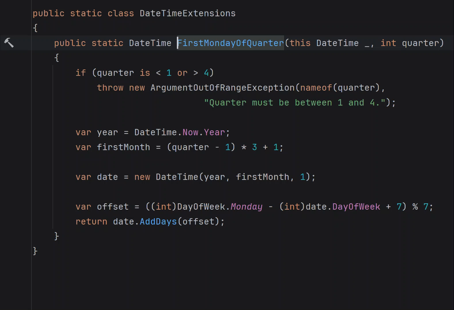 Animated gif showing how to use Rider to upgrade a classic method that extends the DateTime struct to calculate the first Monday of a quarter to an extension member