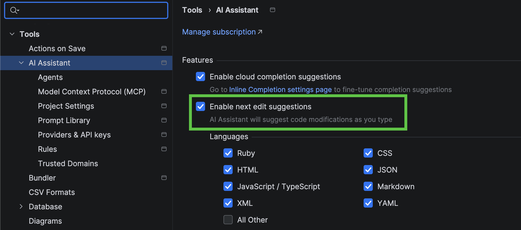 Enabling next edit suggestions for AI Assistant
