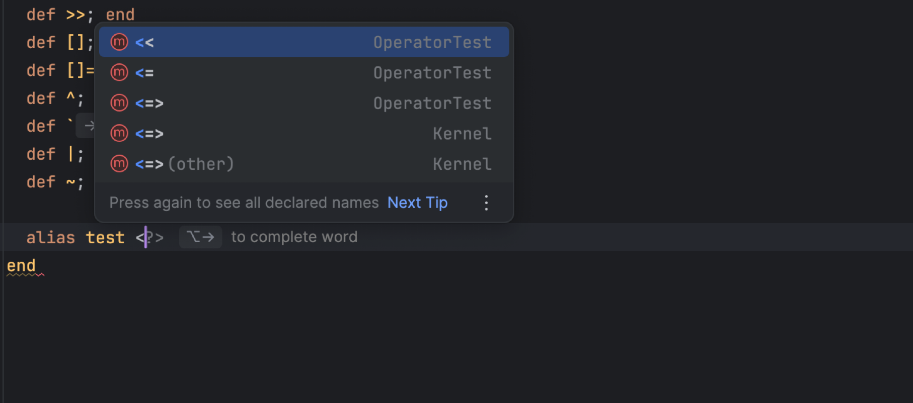 Expanded range of operators in completion popup