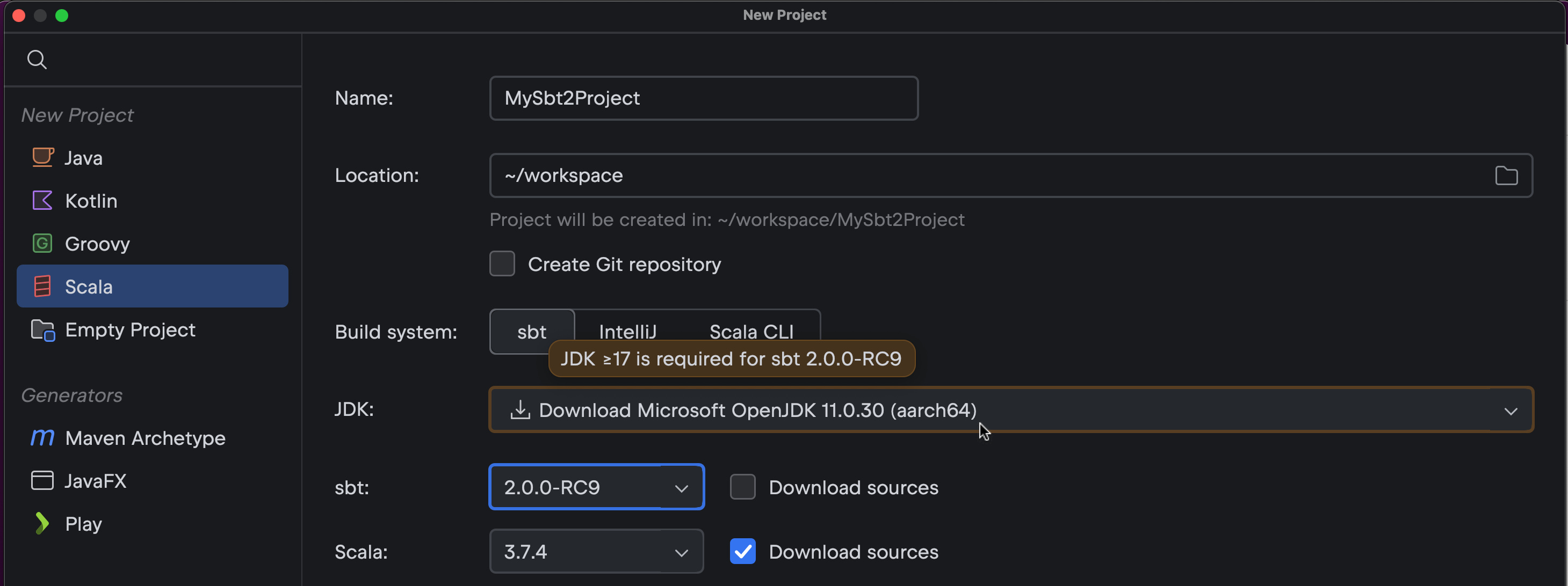 Scala Plugin displays a warning in the New Project wizard if you choose sbt 2.0 with an older JDK