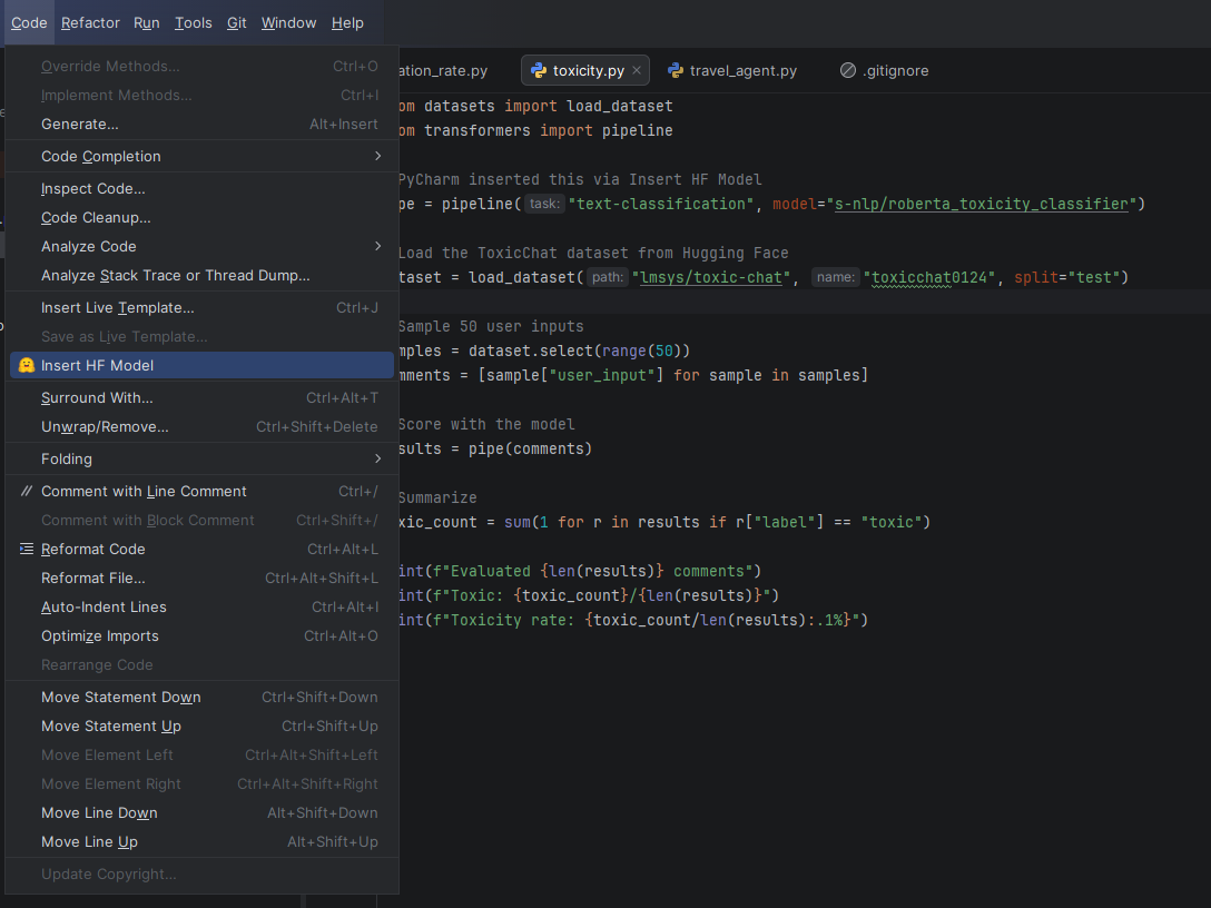 PyCharm's Hugging Face Insert HF Model feature