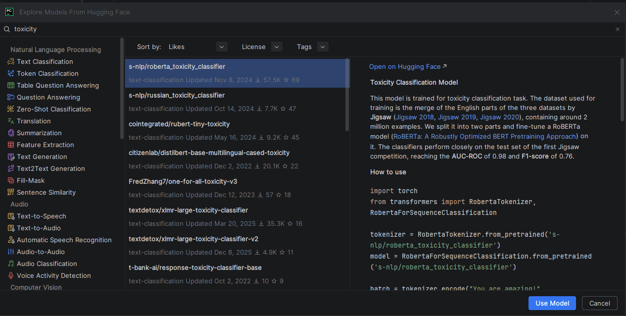 PyCharm's "Use Hugging Face Model"