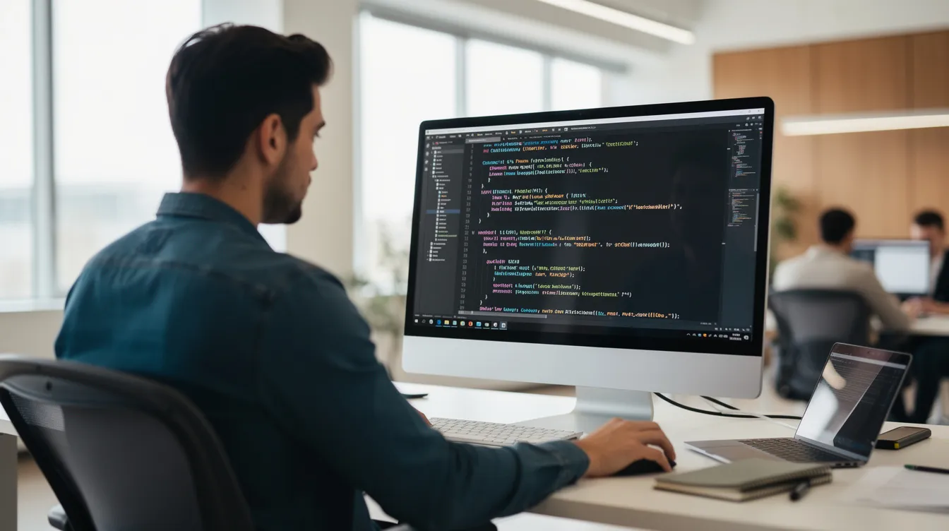 A software developer is reviewing colorful lines of code on a monitor in a modern office, focusing on various aspects of software testing such as test coverage and code execution metrics. The screen displays coverage reports that help improve code quality by identifying untested parts and ensuring high code coverage across the software project. Code coverage.