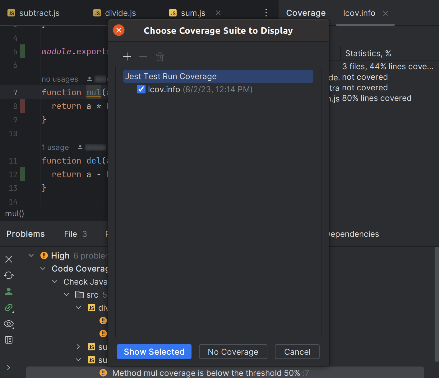 The Choose Coverage Suite to Display dialog