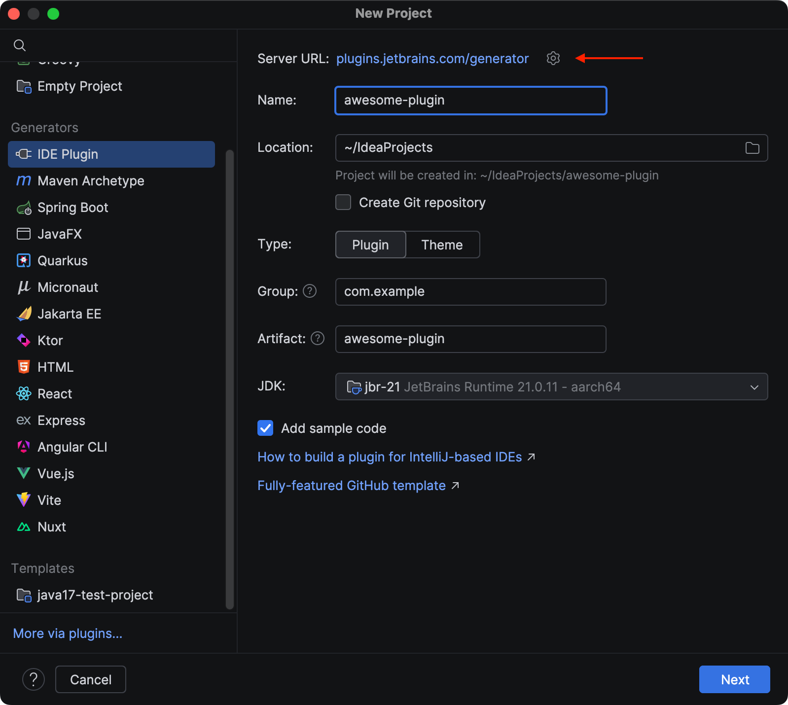 The New Project dialog with selected IDE Plugin generator. A red arrows points at the Server URL.