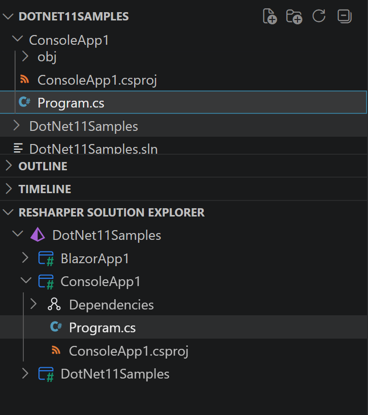 Image showing the Soution Explorer for the ReSharper extension for Visual Studio Code