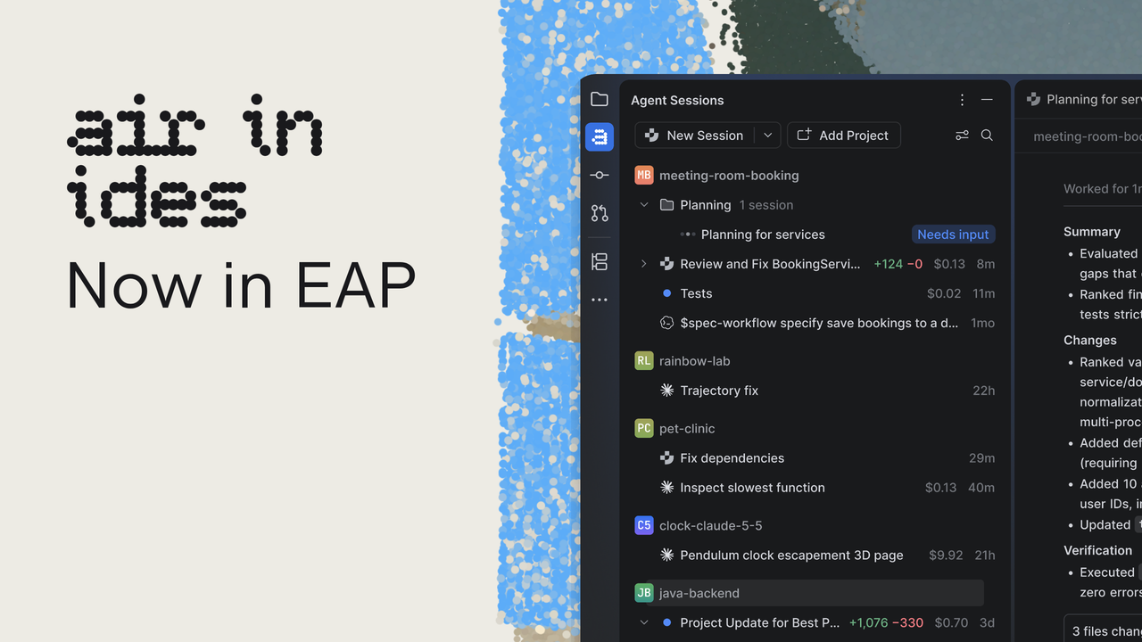 New Air in IDE product being show with multiple agent sessions across sessions and projects